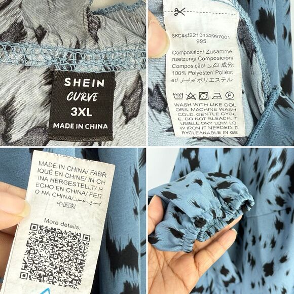 Womens Plus Size 3XL Allover Print Tie Neck Blouse Long Sleeves Dusty Blue - Picture 9 of 16